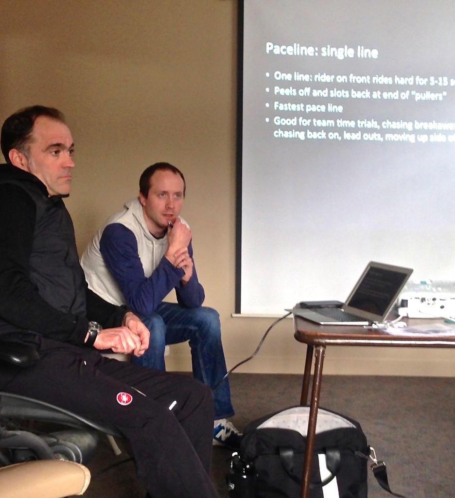 Tom and Joe during the classroom session of today's clinic with the Hagens Berman Society Consulting Cycling Team. photo courtesy Ward Zauner