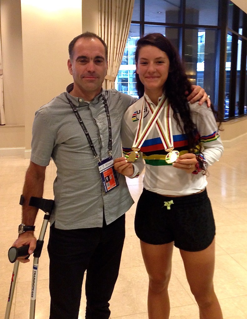 Chloe Dygert shows off her new hardware with her gimpy coach....me